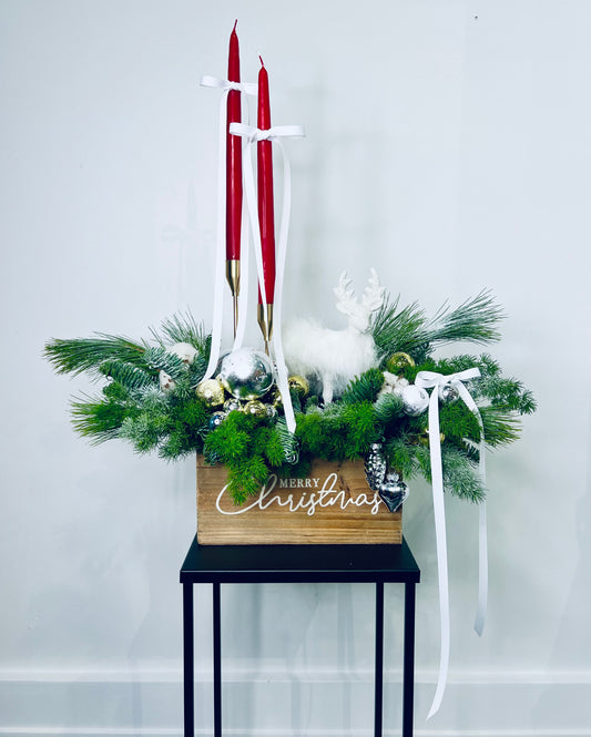 White Deer Wood Box Centerpiece