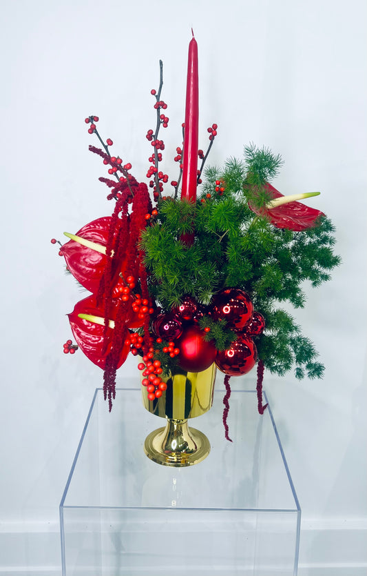 Red Anthurium & Gold Pedestal Arrangement