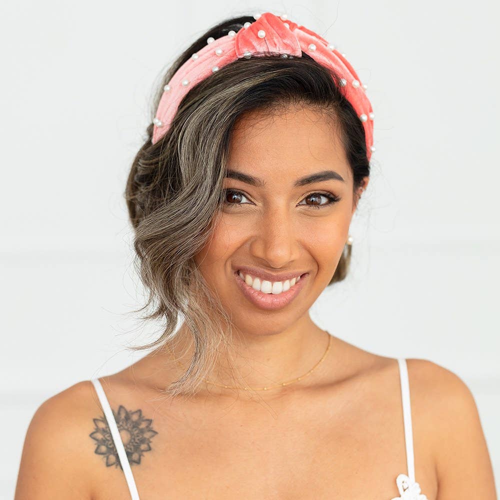 Wide Velvet & Pearl Knot Headband - Blush Pink