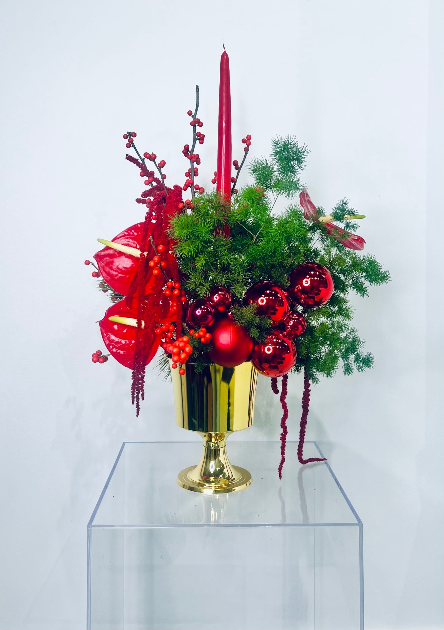 Red Anthurium & Gold Pedestal Arrangement