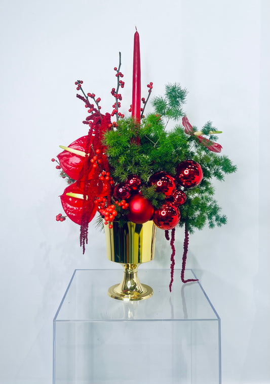 Red Anthurium & Gold Pedestal Arrangement