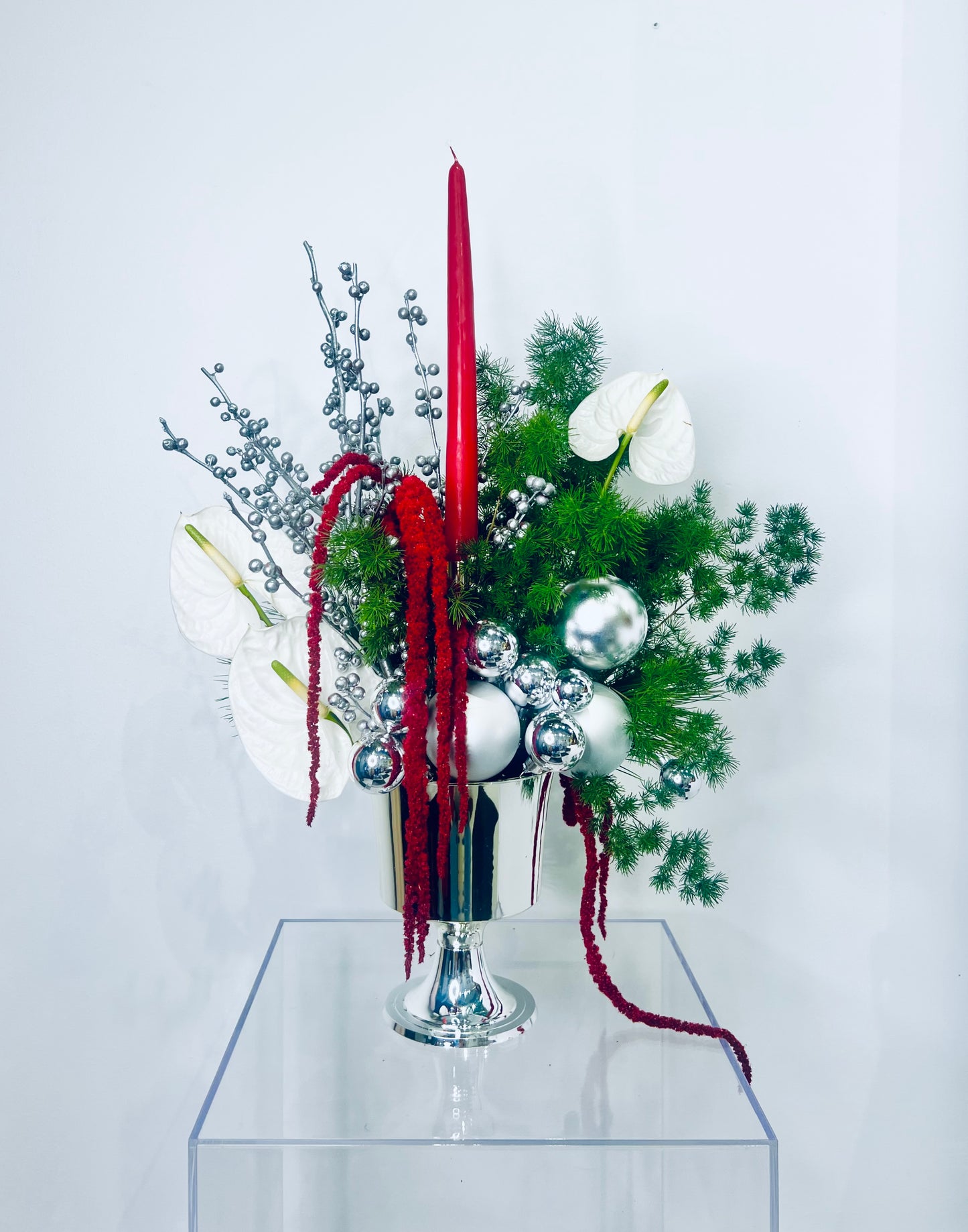 Silver and Crimson Candle Pedestal Arrangement