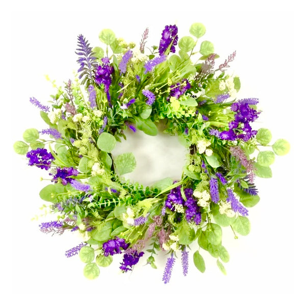 PURPLE LAVENDAR AND GREEN EUCALYPTUS WREATH 23.5”