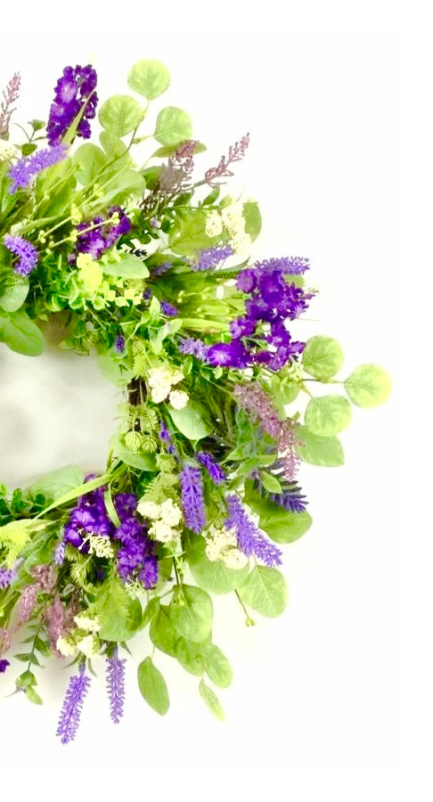PURPLE LAVENDAR AND GREEN EUCALYPTUS WREATH 23.5”