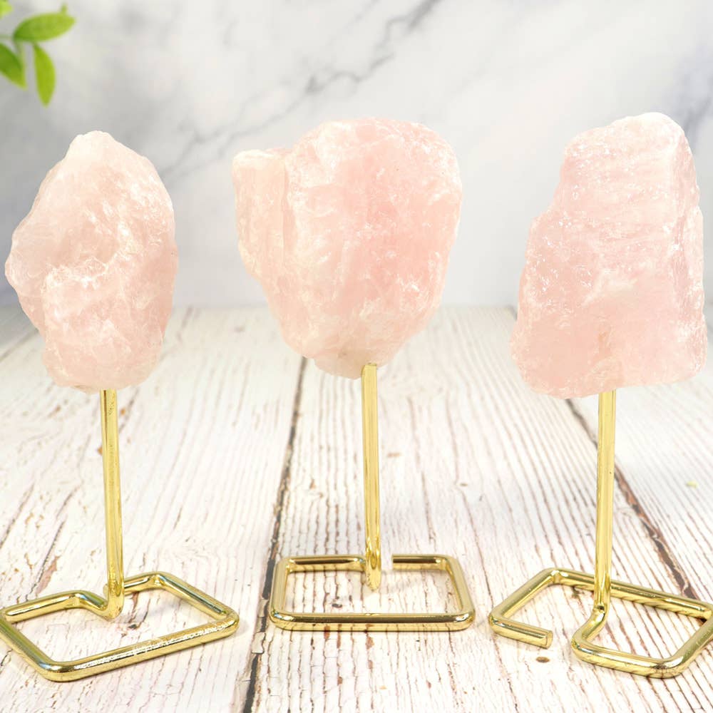 Small Rose Quartz on Gold Metal Stand - Rose Quartz Décor
