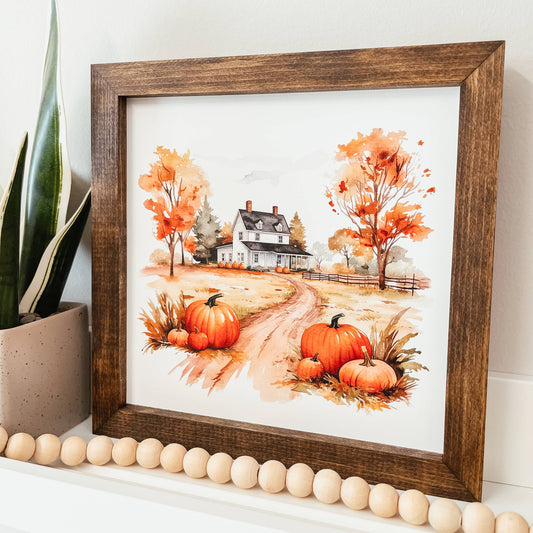 Watercolour Autumn Farm Framed Wood Sign