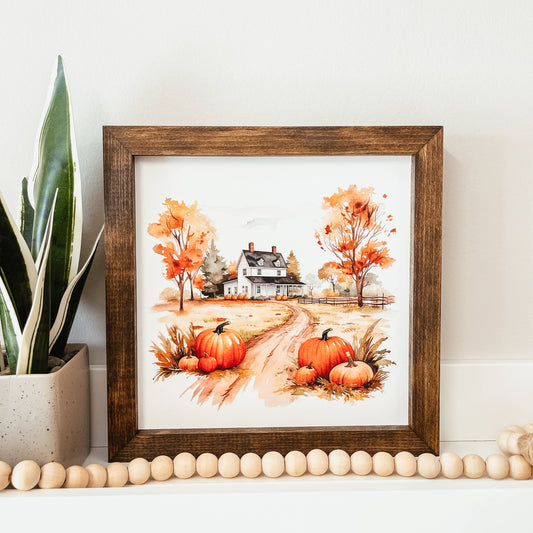 Watercolour Autumn Farm Framed Wood Sign