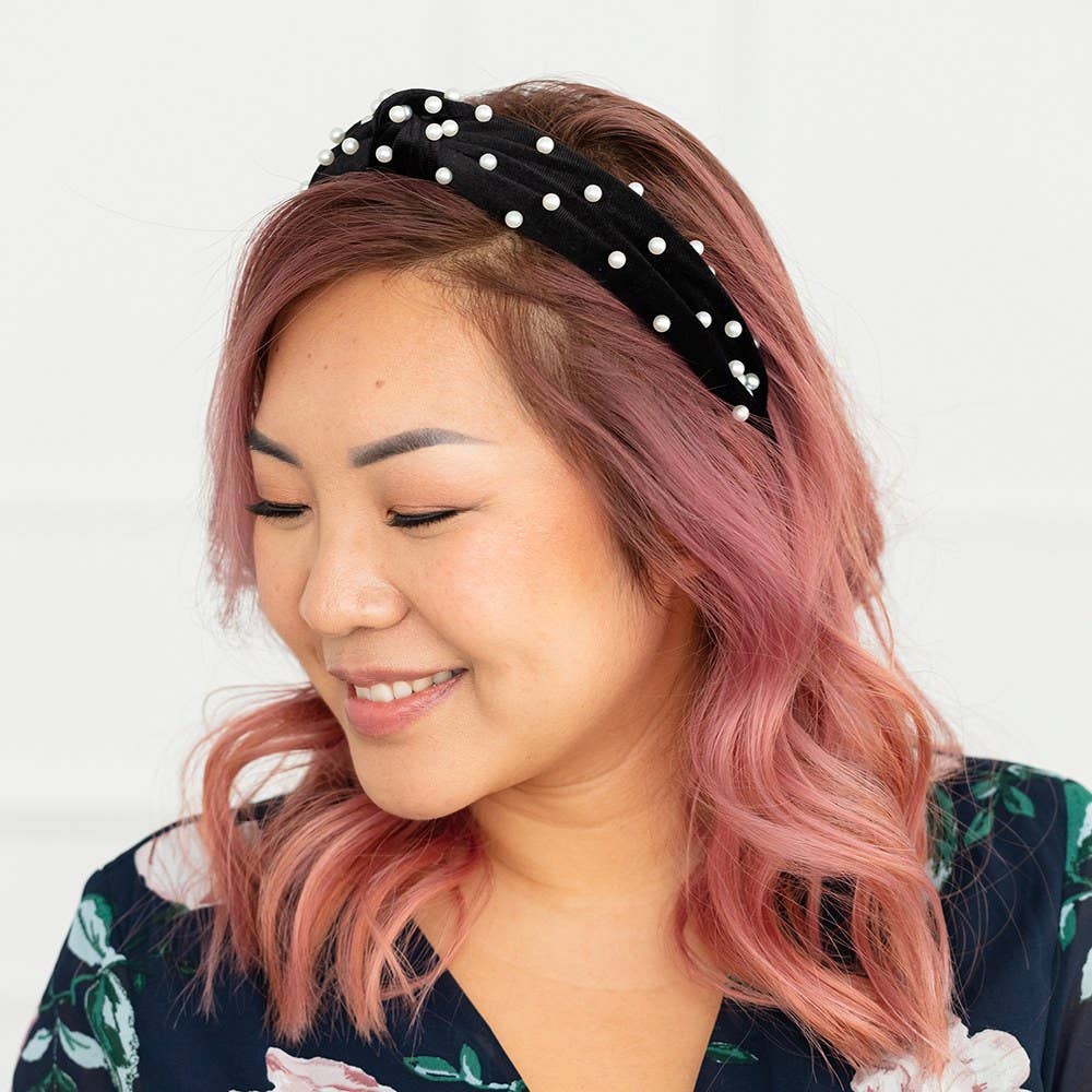 Wide Velvet & Pearl Knot Headband - Ivory