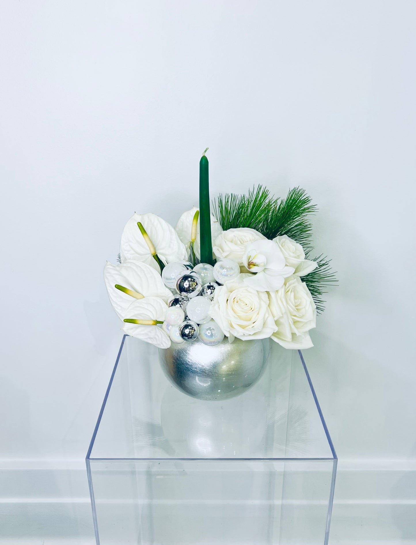 White Anthurium & Evergreen Candle Bowl