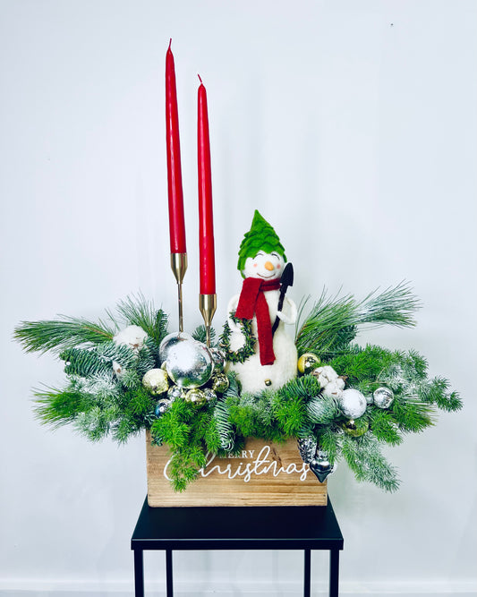 Snowman Christmas Wood Box Centerpiece