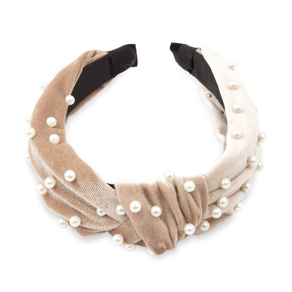 Wide Velvet & Pearl Knot Headband - Ivory