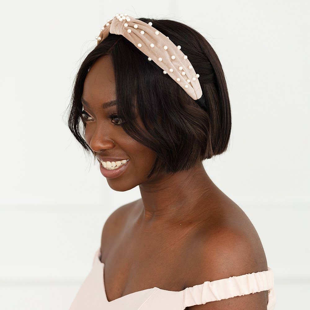 Wide Velvet & Pearl Knot Headband - Ivory