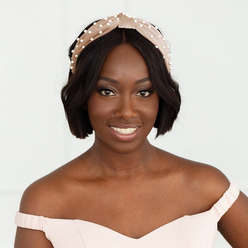 Wide Velvet & Pearl Knot Headband - Ivory