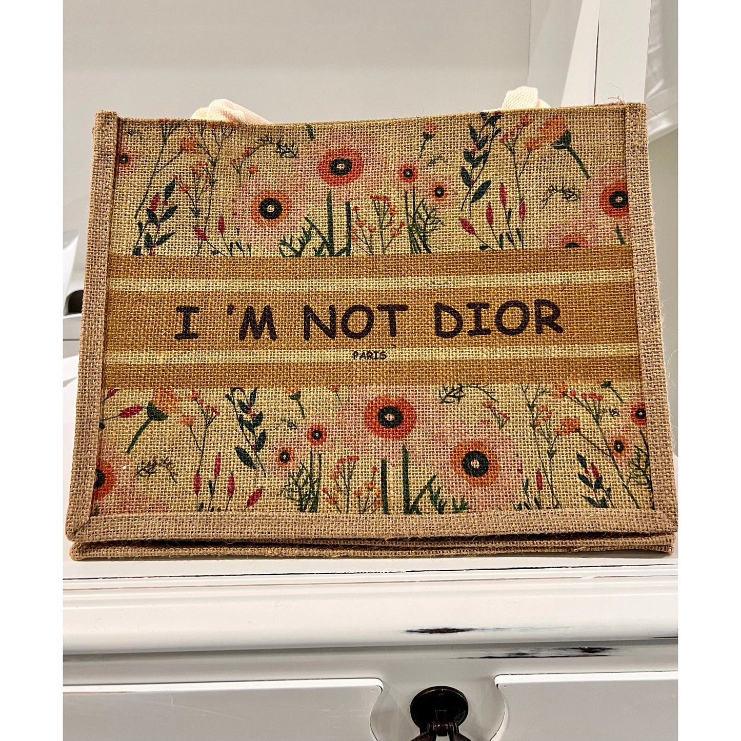 I Am Not Dior Burlap Bag