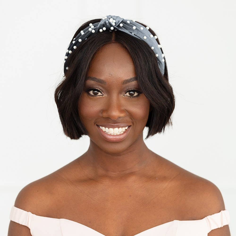 Wide Velvet & Pearl Knot Headband - Grey