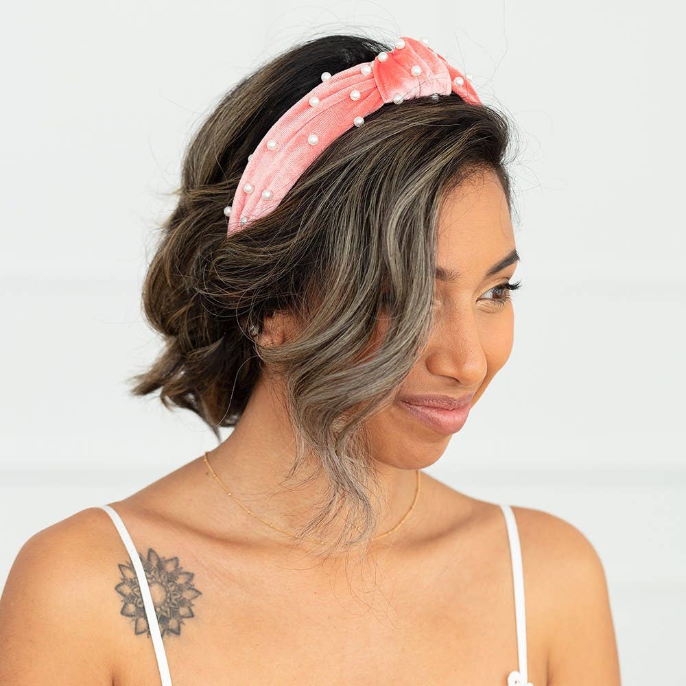 Wide Velvet & Pearl Knot Headband - Blush Pink